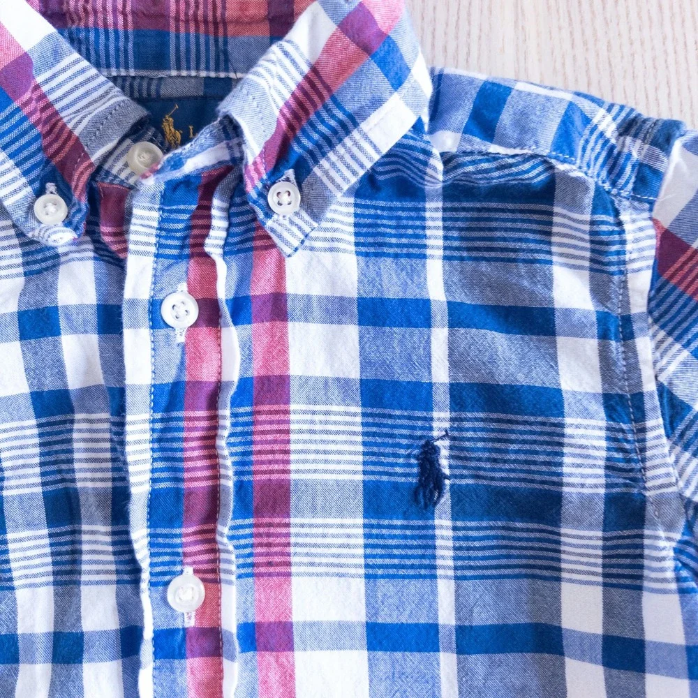 Ralph Lauren Plaid Button Down Shirt Blue White Red Short Sleeve Toddler 2T